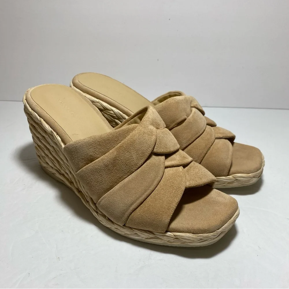 New Vince Gilian Braided Strap In Blonde Suede Espadrille Wedge Sandals Size 8